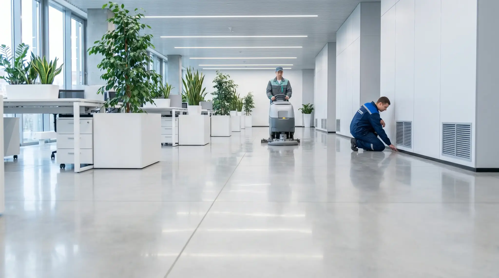 Two janitors cleaning modern office hallway with glossy floor and indoor plants