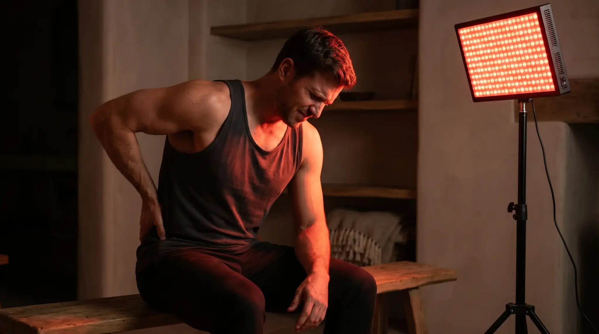 Man sitting on wooden bench with red light therapy device in dimly lit room