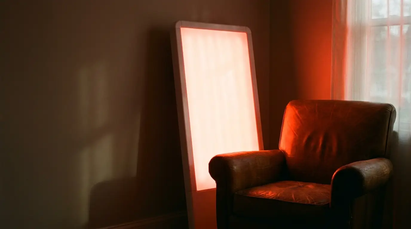 Leather armchair and glowing light panel in dimly lit room with warm tones