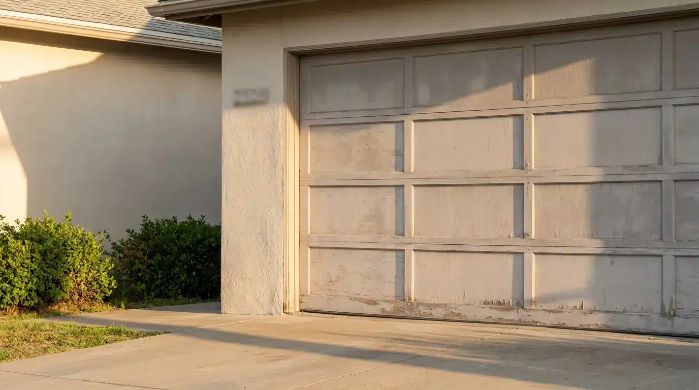 Worn wooden garage door in residential driveway with bushes in warm sunlight