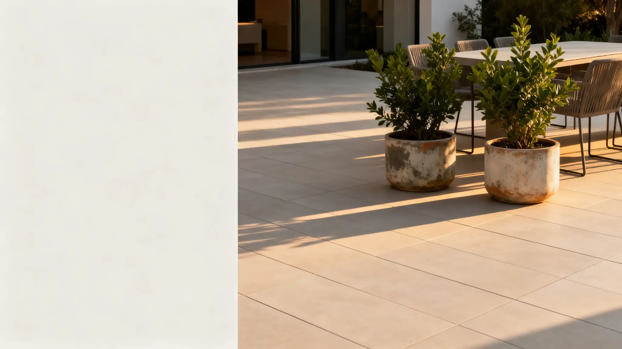 Potted plants and empty dining table on spacious tile patio in warm afternoon light