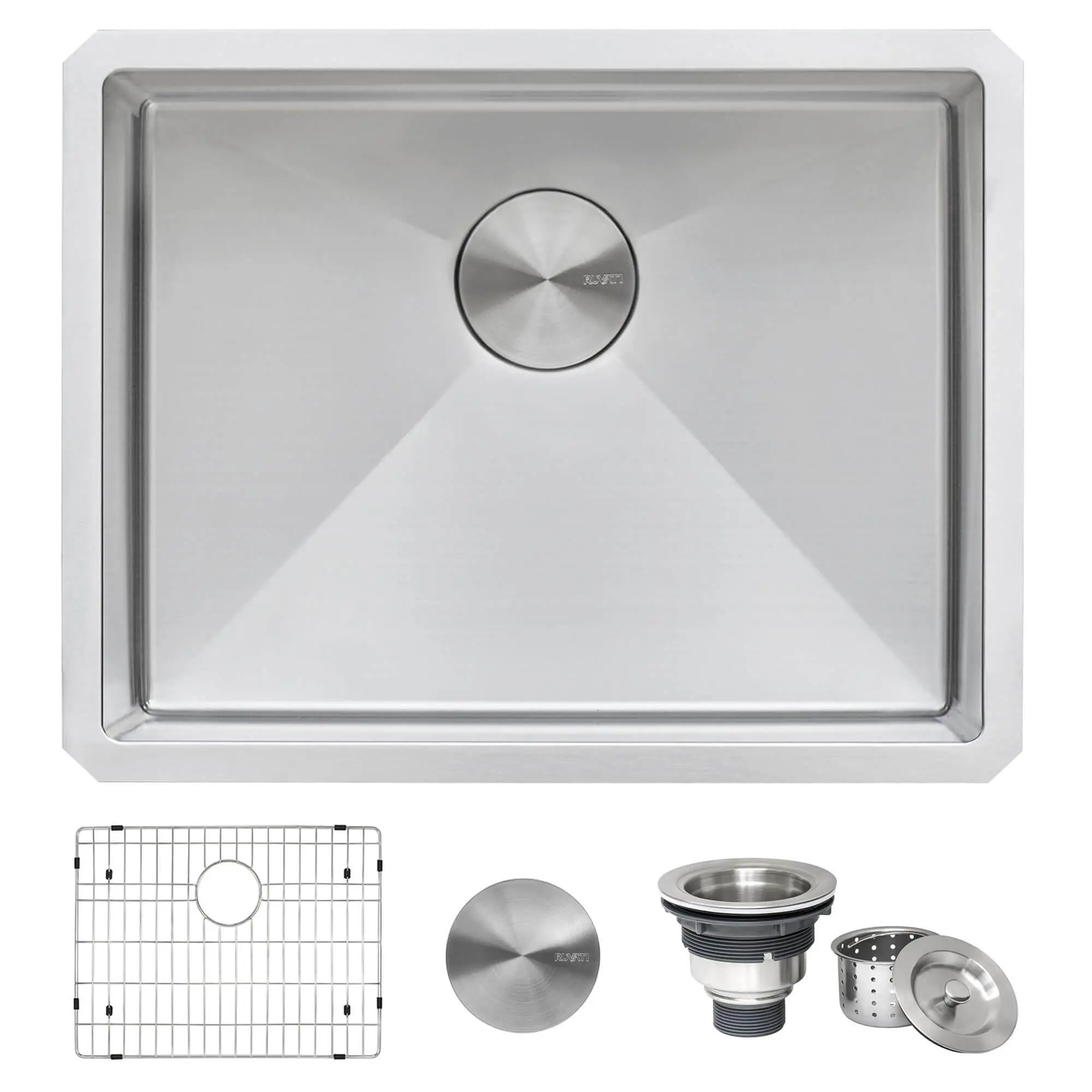Stainless steel kitchen sink set with drain, grid, and strainer accessories on white background