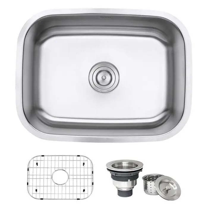 Stainless steel kitchen sink with drain assembly and protective grid components