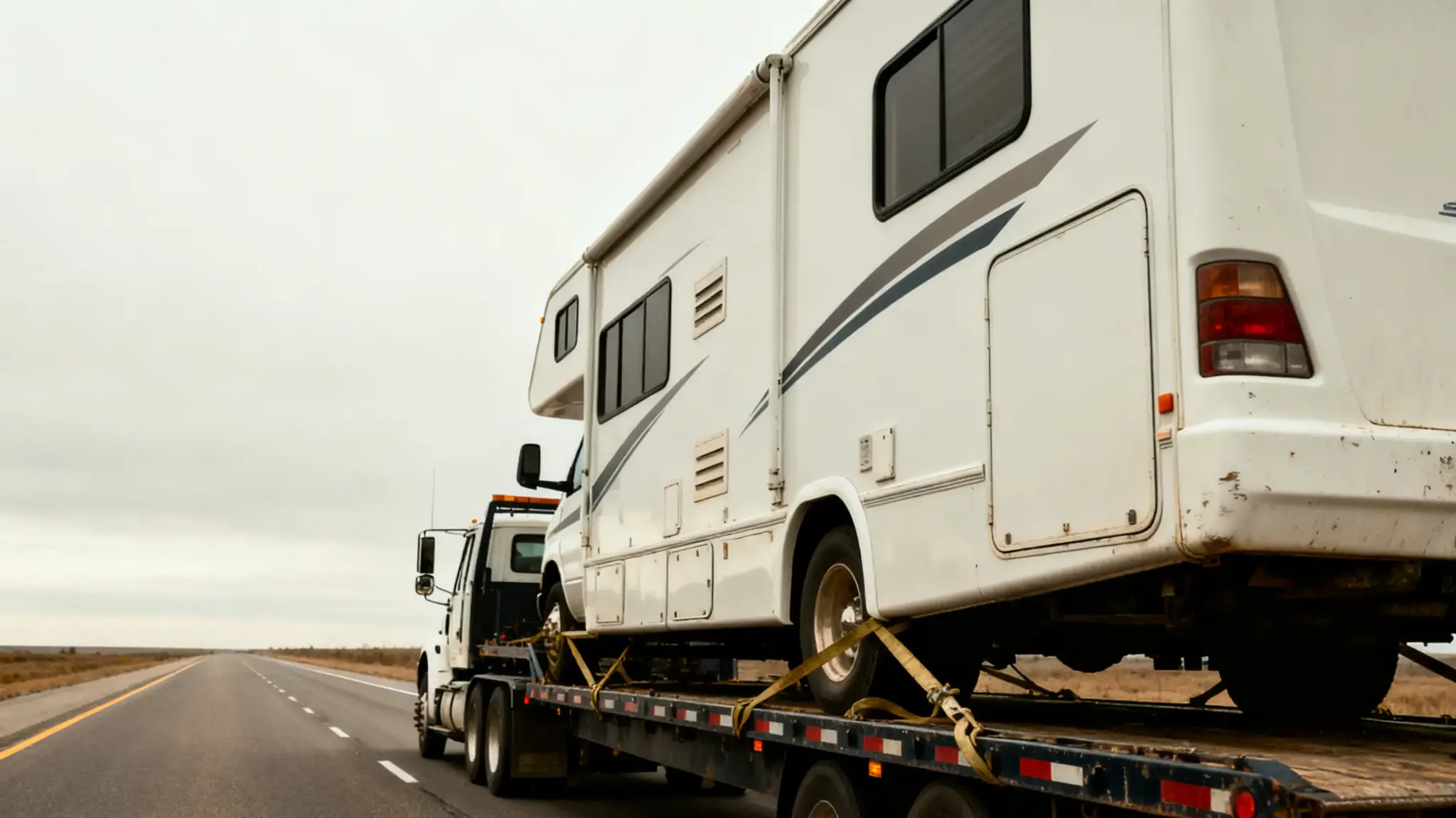 RV being transported on flatbed truck along empty highway under overcast sky