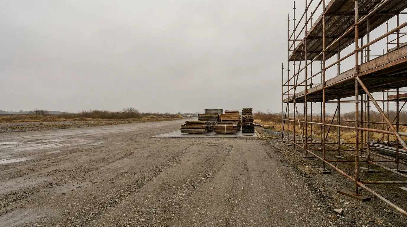 Rusty scaffolding and stacks of wood on a gravel construction site under overcast sky