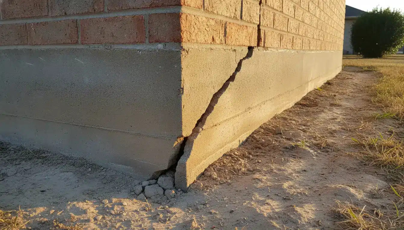 Cracked brick foundation of building with visible soil erosion in dry outdoor setting