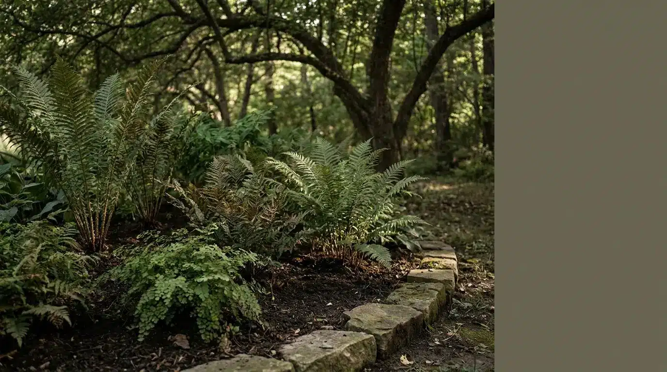 Lush ferns and greenery in shady woodland garden surrounded by stone border