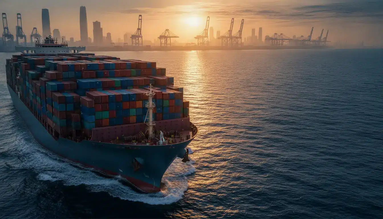 Cargo ship carrying colorful containers near port cranes at sunset with city skyline in background