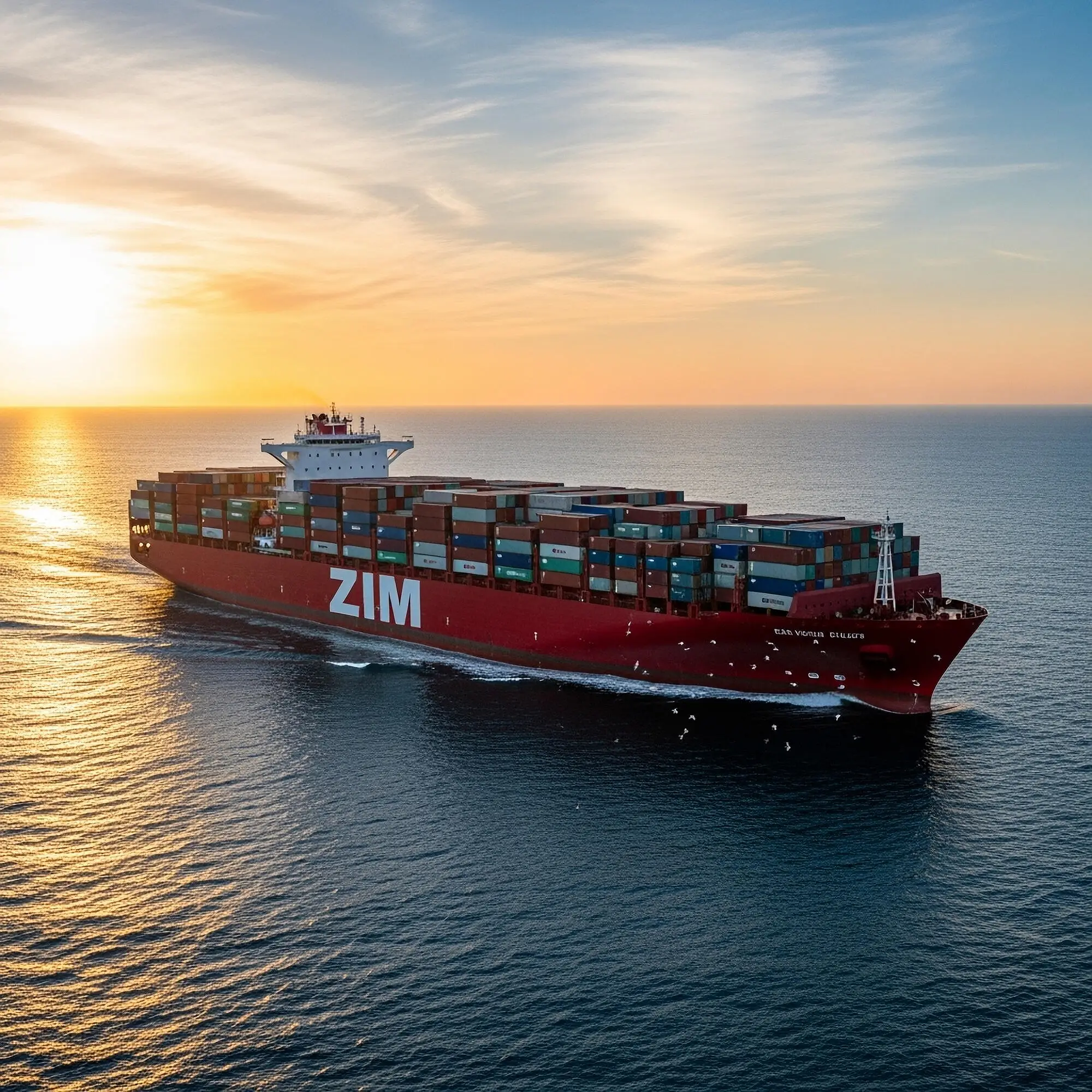 Cargo ship loaded with colorful containers sailing on calm sea at sunset
