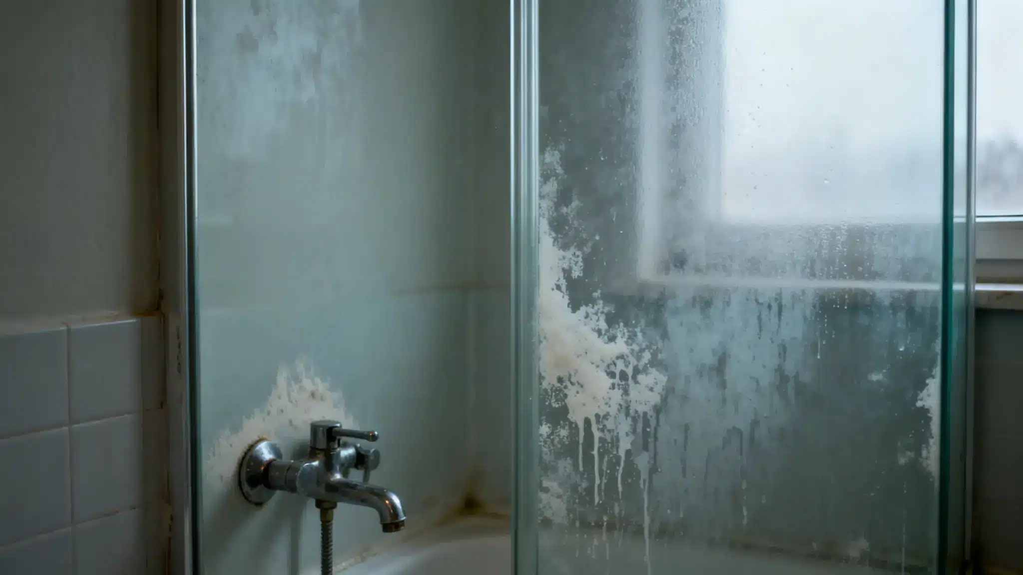Dirty bathroom shower glass with soap scum and mold near chrome faucet
