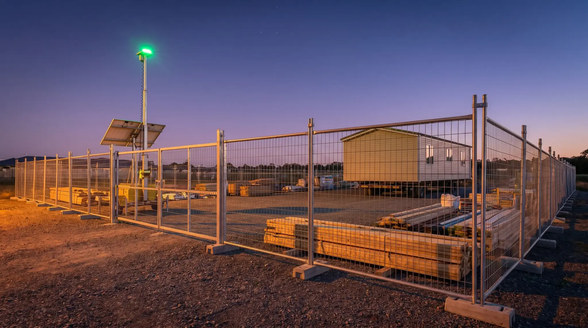Construction site with metal fencing, portable building, and stacked lumber under evening sky