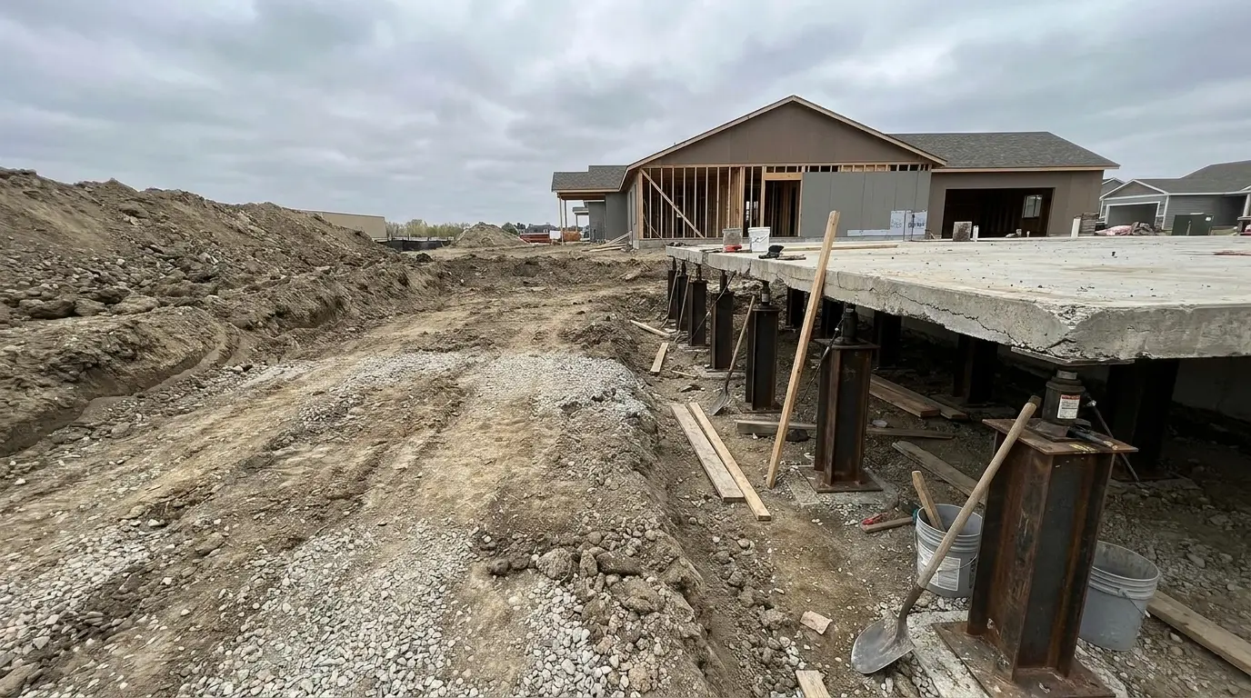 Construction site with exposed concrete foundation and building framework under cloudy sky
