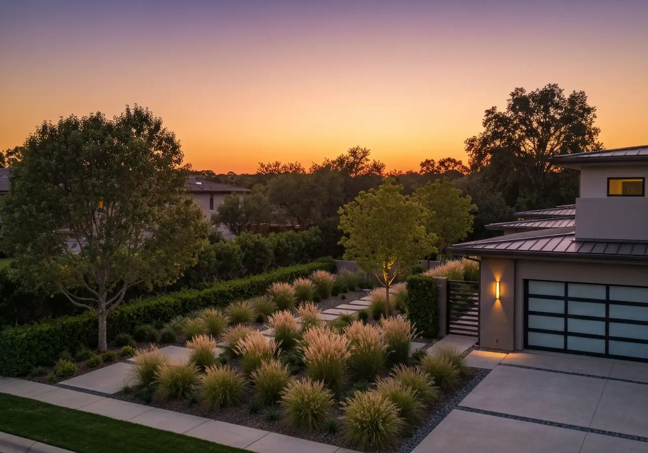 Modern house with landscaped front yard and illuminated trees at sunset in suburban setting