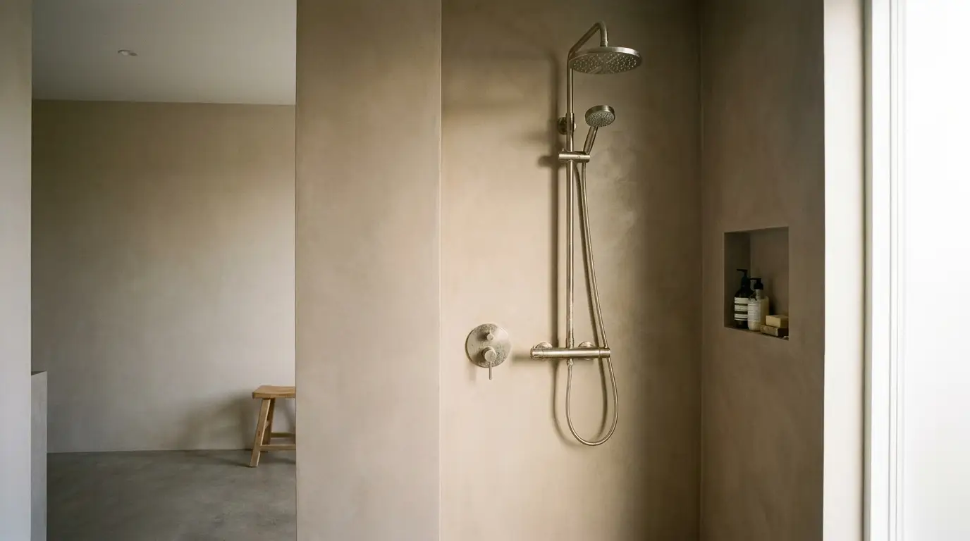 Wall-mounted shower setup with built-in shelf in minimalist beige bathroom