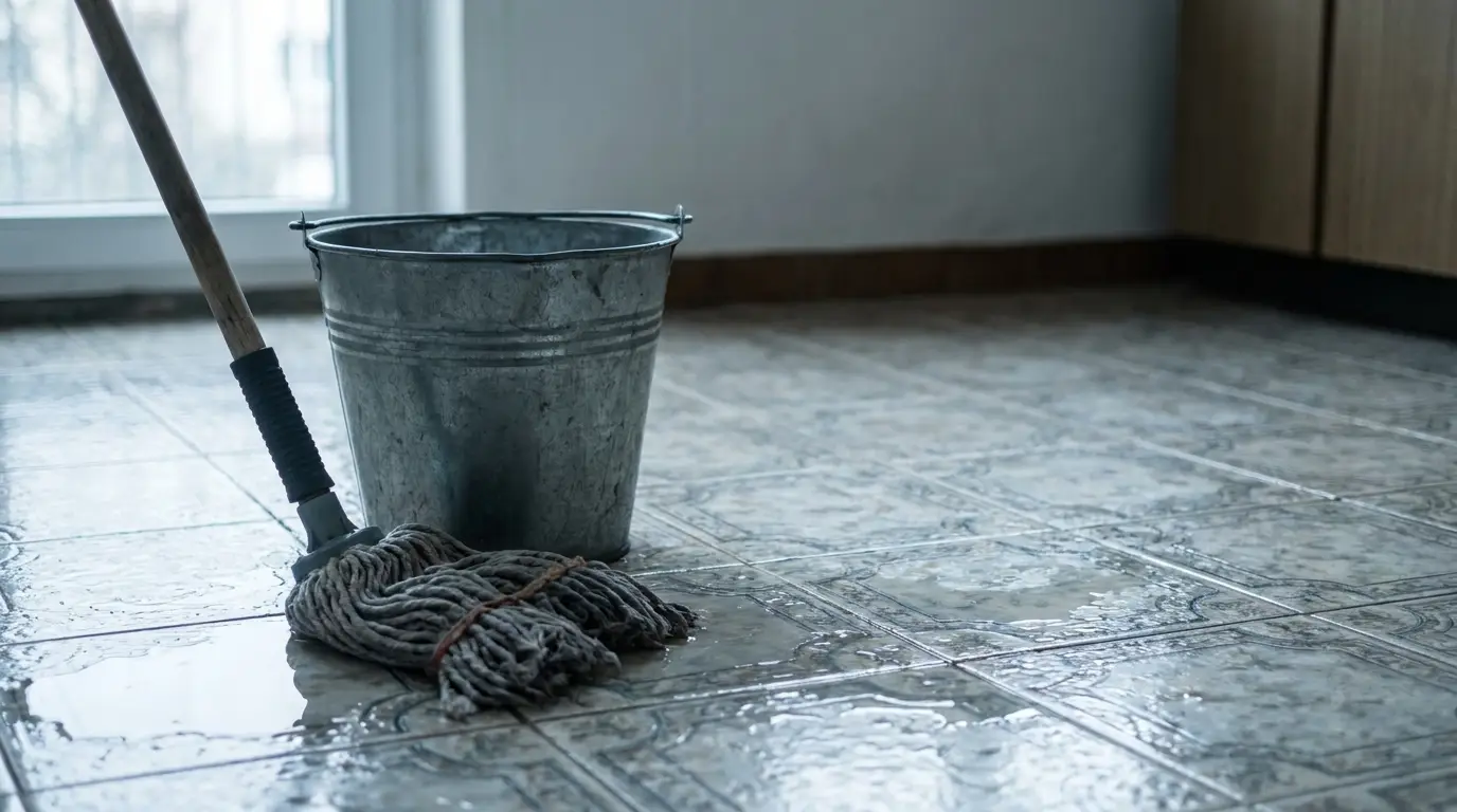 Wet mop and metal bucket on tiled floor in dimly lit room