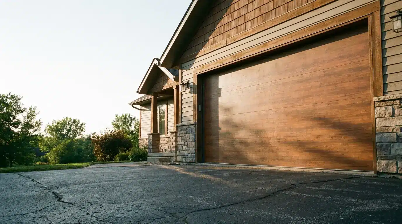 Wooden garage door and stone facade of house in serene suburban setting