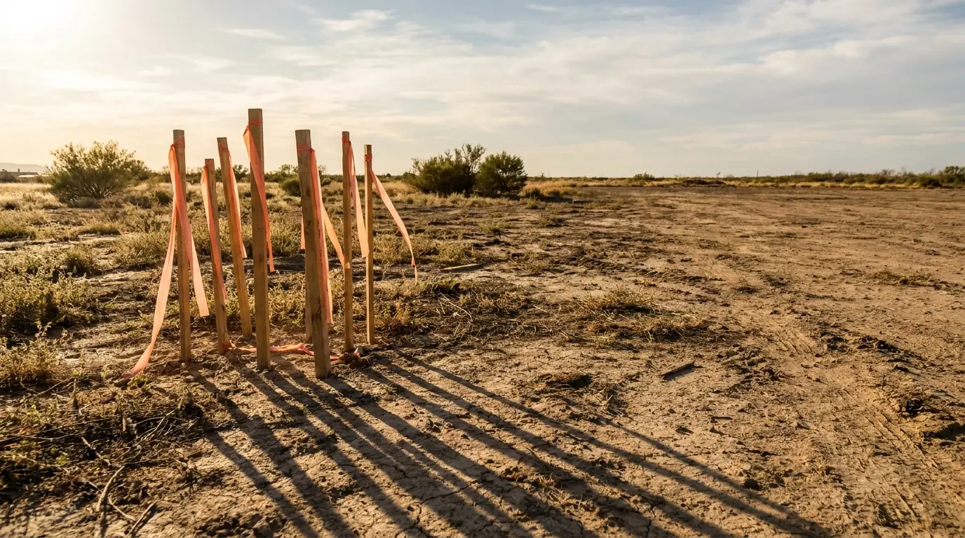 Wooden stakes with orange ribbons in sunny barren landscape