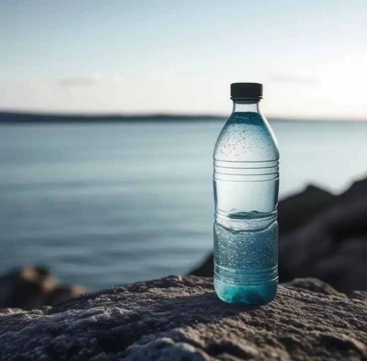 Plastic bottle on rocky shore with calm ocean background under soft daylight