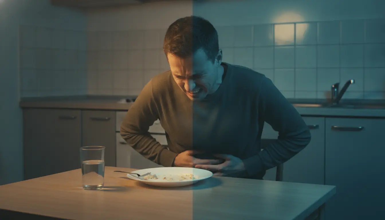 Man clutching stomach in kitchen with half-eaten meal on table under contrasting lighting