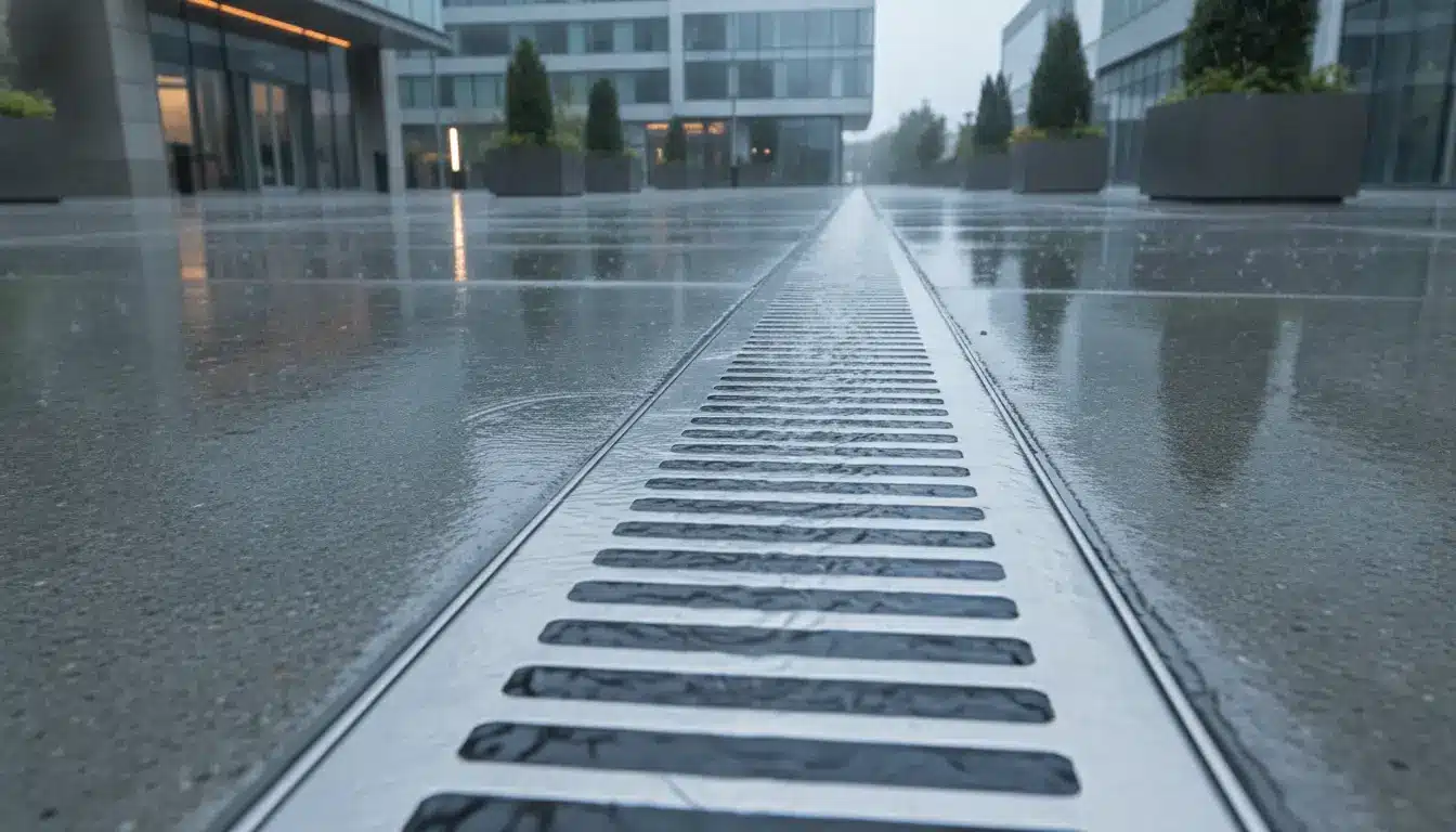 Rain-soaked urban plaza with metal drainage grate and modern office buildings in the background