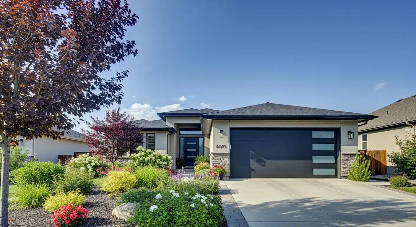 Modern house with black garage door and landscaped front yard under blue sky