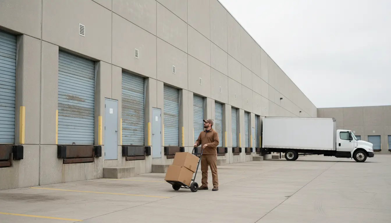 Worker with hand truck and cardboard boxes at loading dock behind warehouse