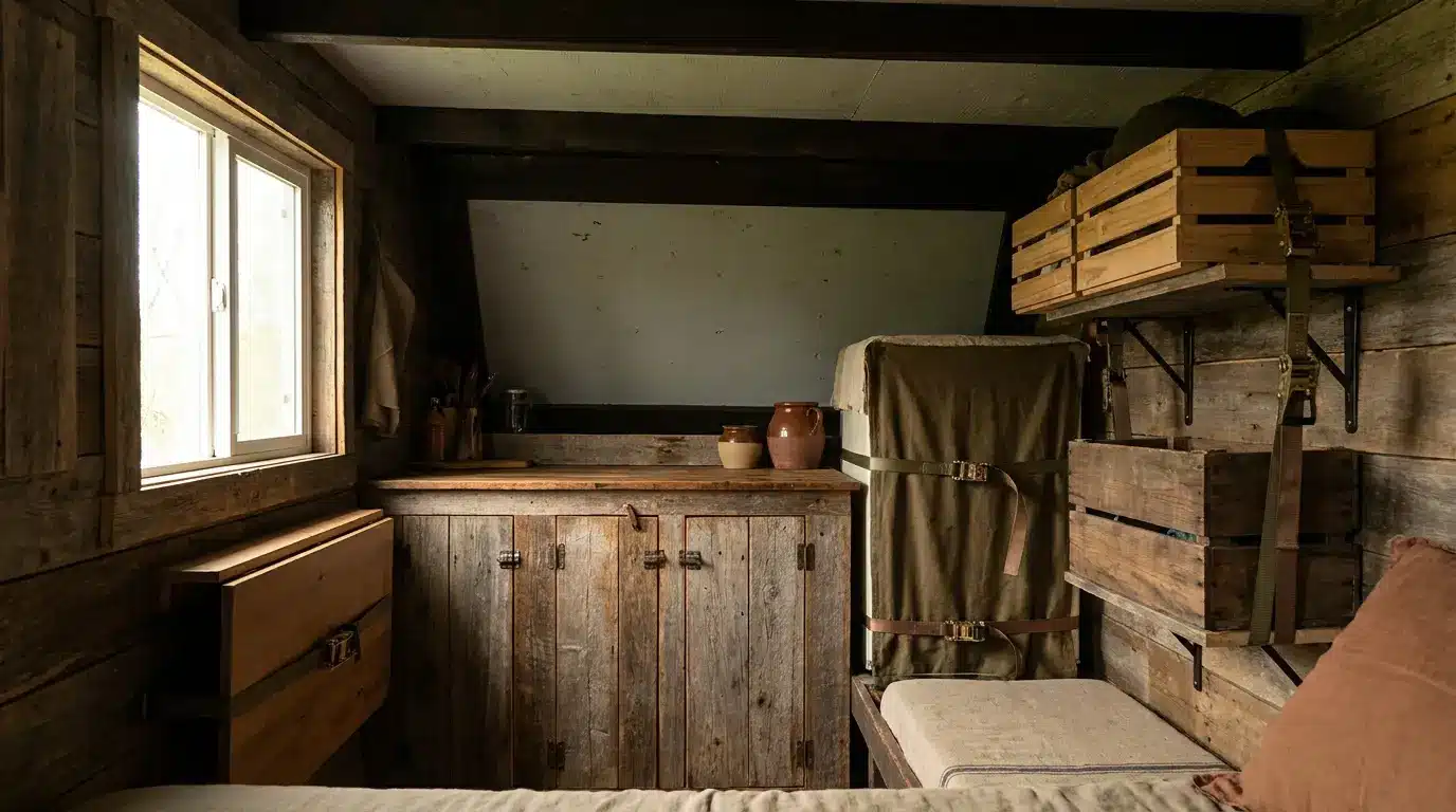 Rustic cabin interior with wooden walls and crates under soft natural lighting