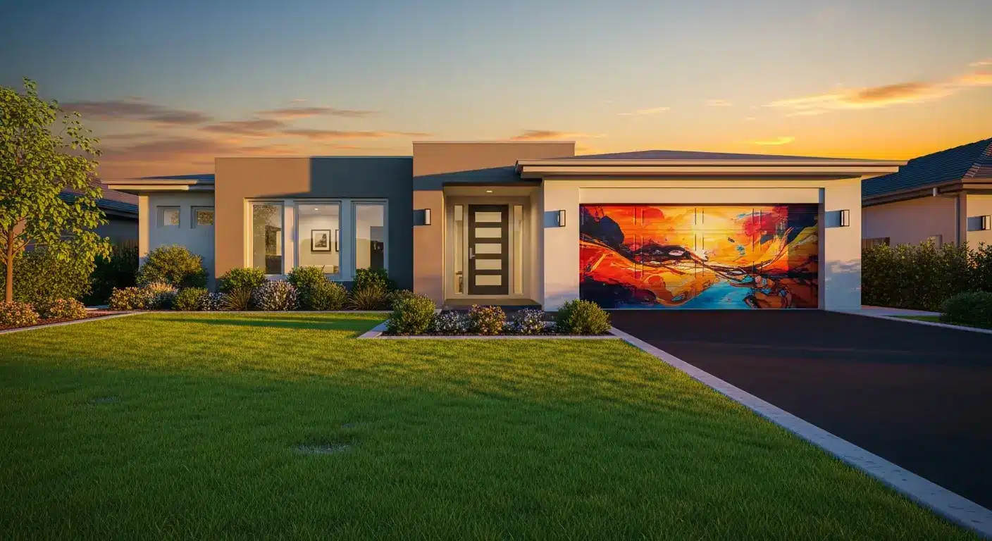 Modern house exterior at sunset with colorful mural garage door and manicured lawn