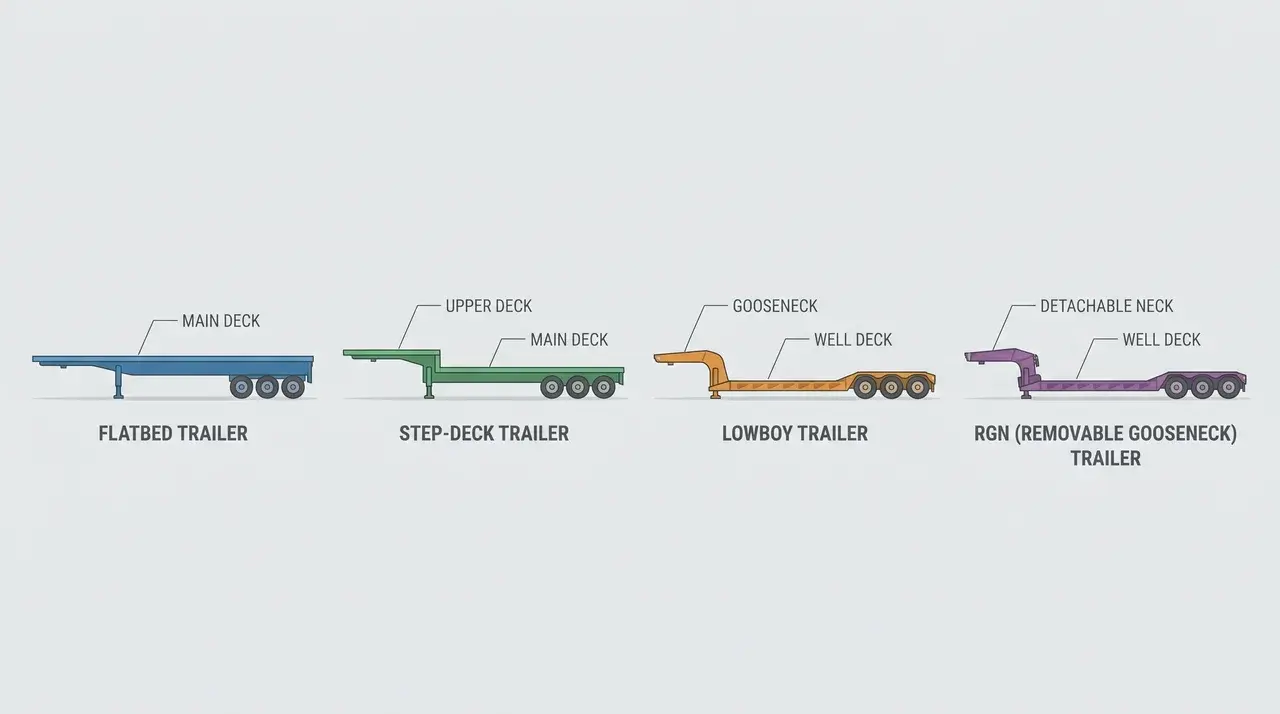 Side-profile diagram of flatbed, step-deck, lowboy, and RGN trailers shown in a row