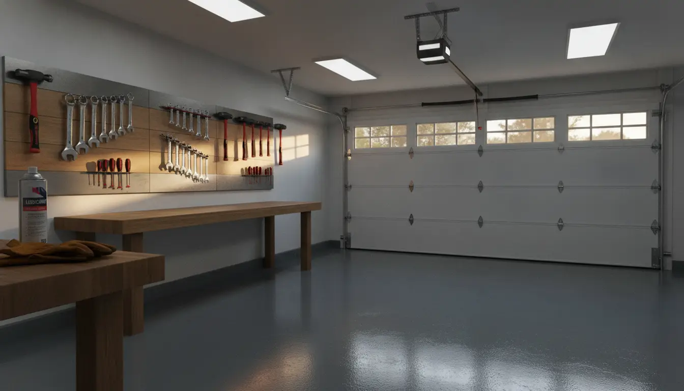 Tools organized on wooden wall panels in a clean, spacious garage workshop