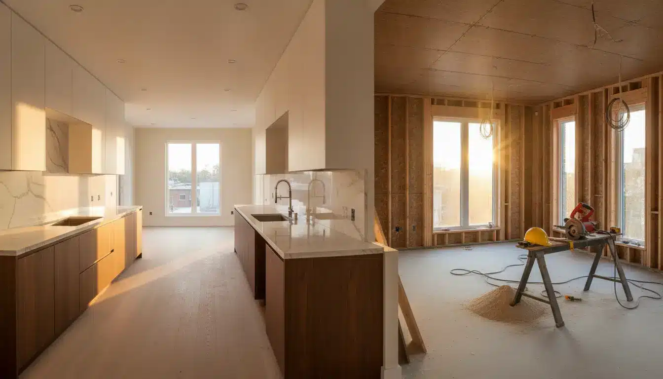 Modern kitchen with marble countertops beside a construction area with tools and sunlight streaming in