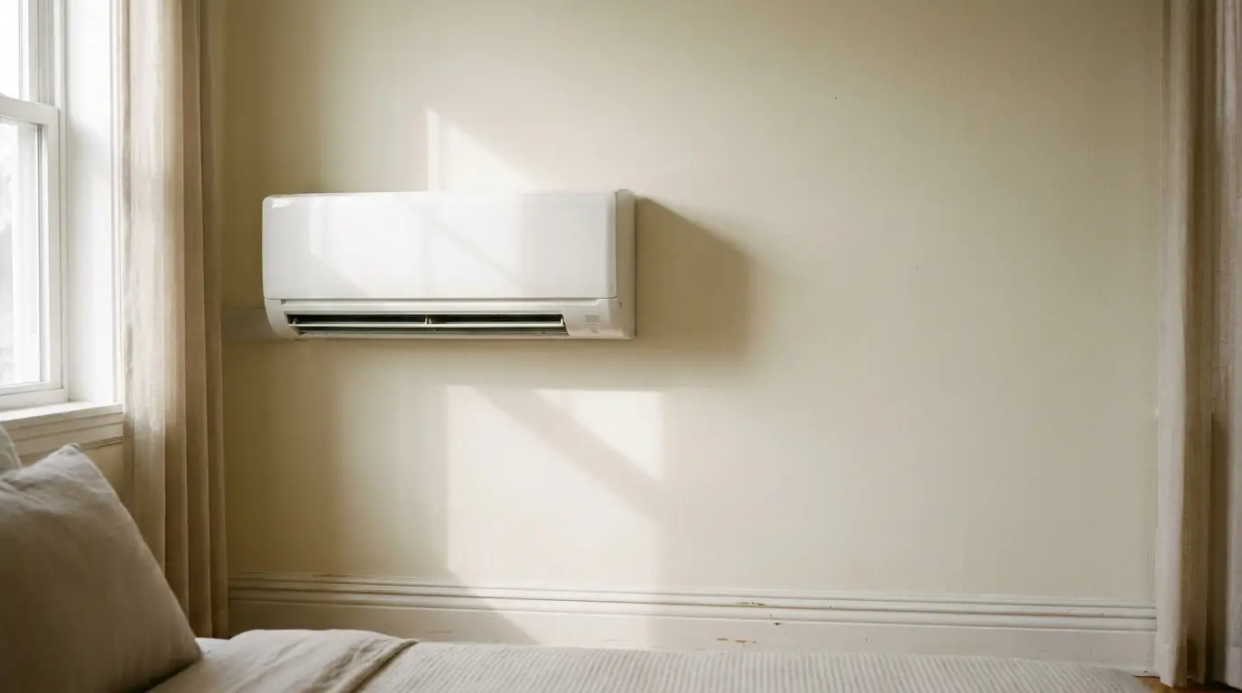 Wall-mounted air conditioner in sunlit bedroom with neutral decor and large window