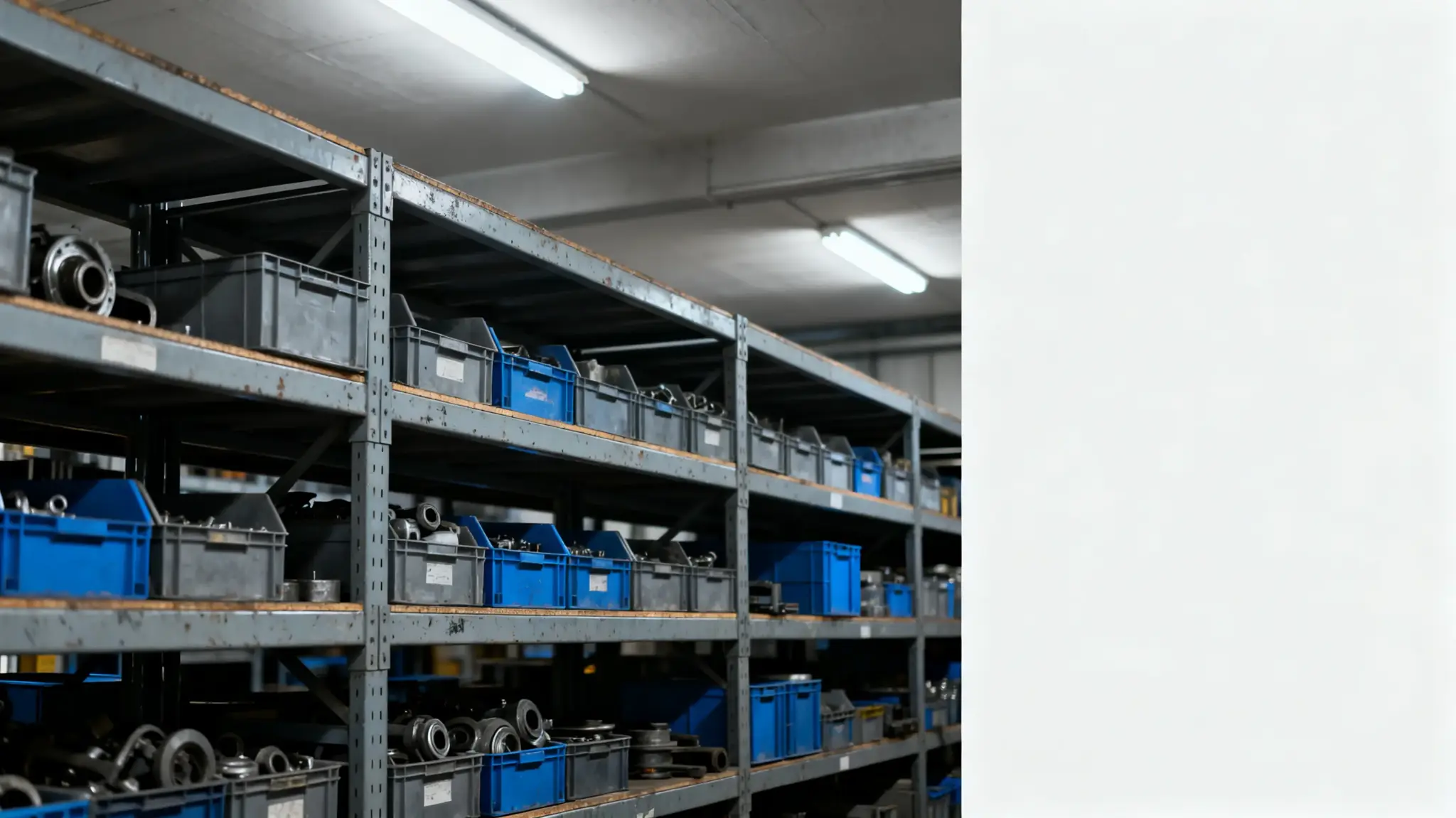 Metal storage racks holding blue and gray bins filled with various metal parts in a warehouse