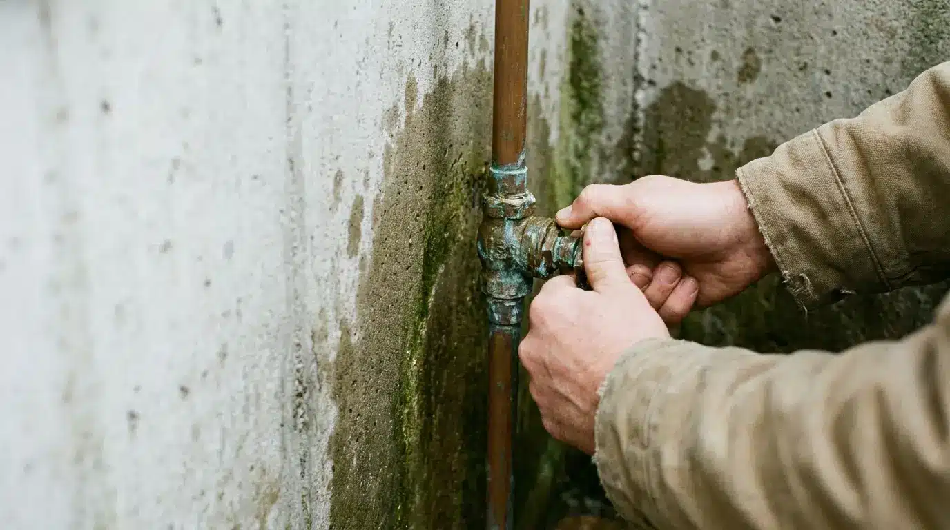 Hands adjusting a corroded outdoor water pipe against a weathered concrete wall