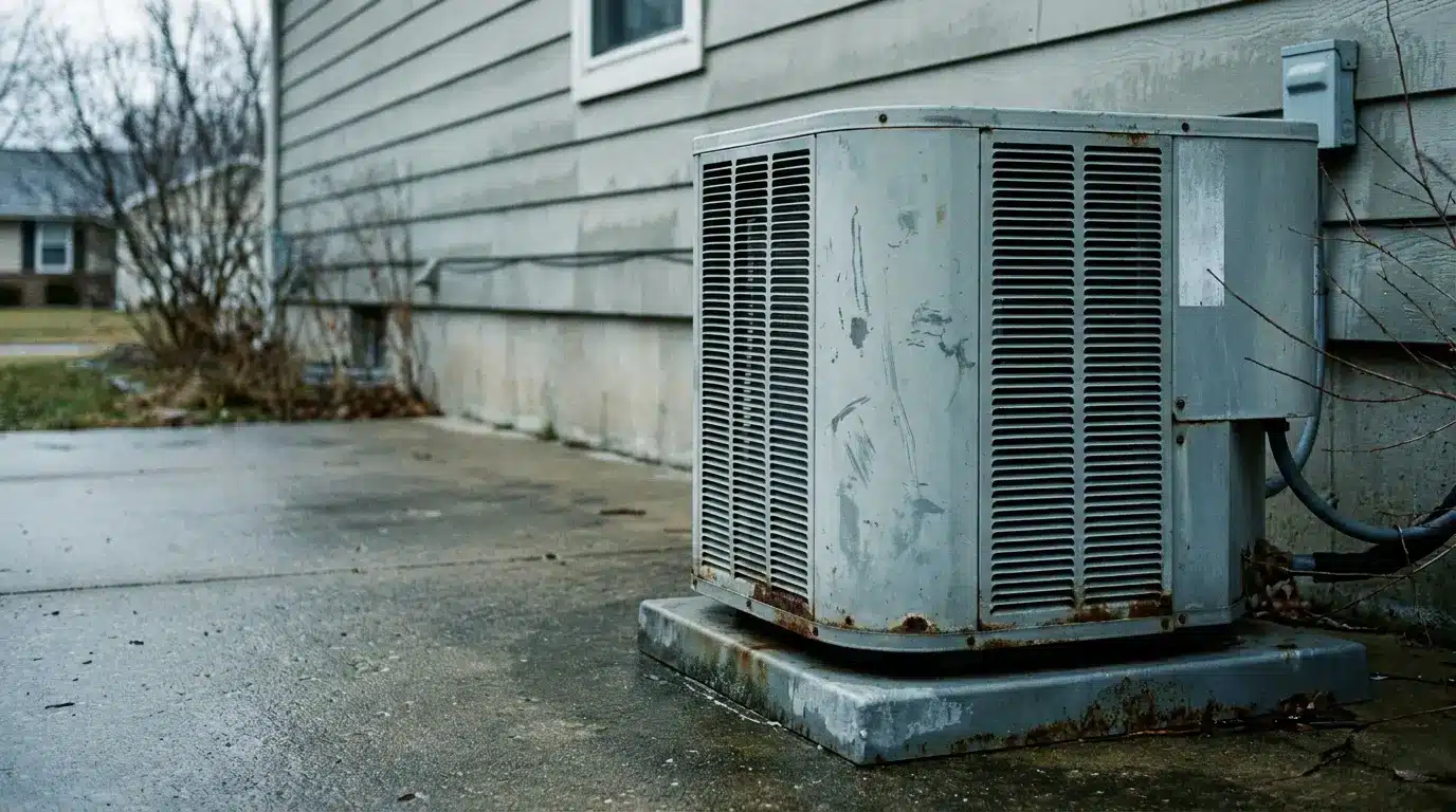 Old air conditioning unit outside a house with concrete pavement in cool lighting