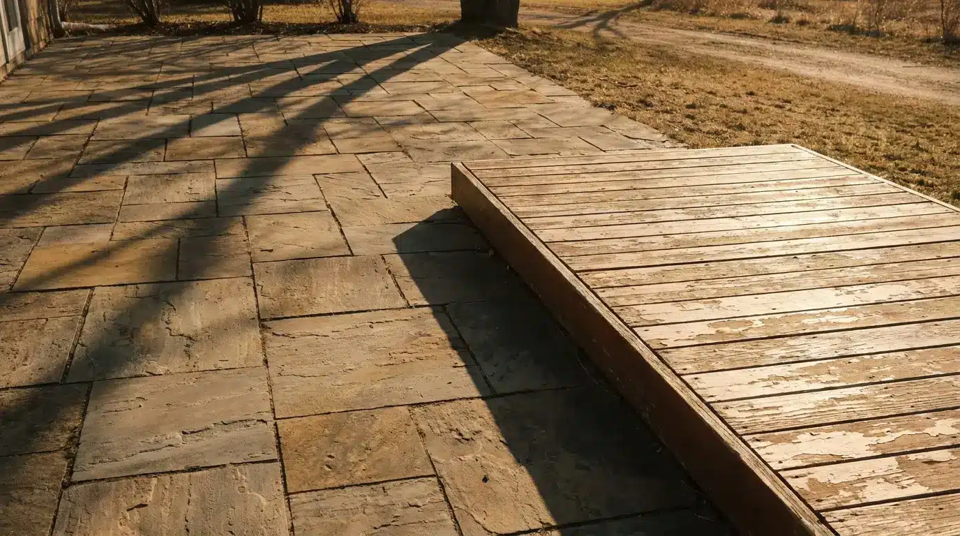 Stone patio with wooden ramp in sunny outdoor setting, casting long shadows