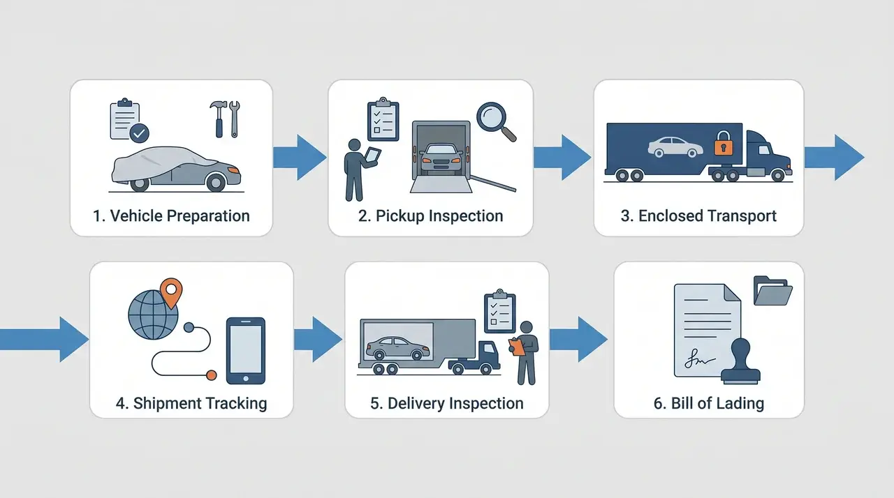 Infographic showing vehicle preparation, inspection, enclosed transport, tracking, and delivery verification steps for car shipping