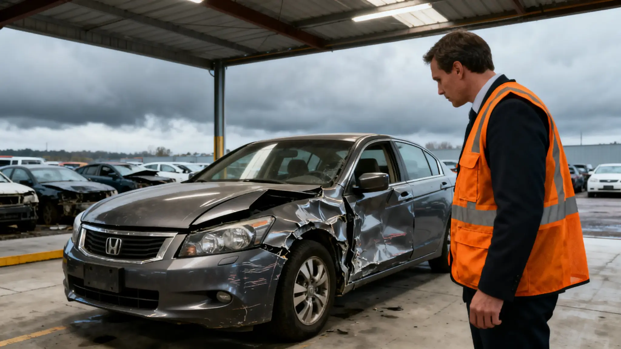 Damaged gray car in covered lot with man in orange safety vest examining it