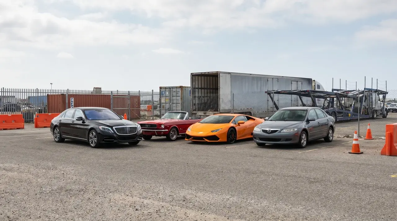 Luxury, classic, exotic, and standard vehicles near transport trailers at a shipping facility