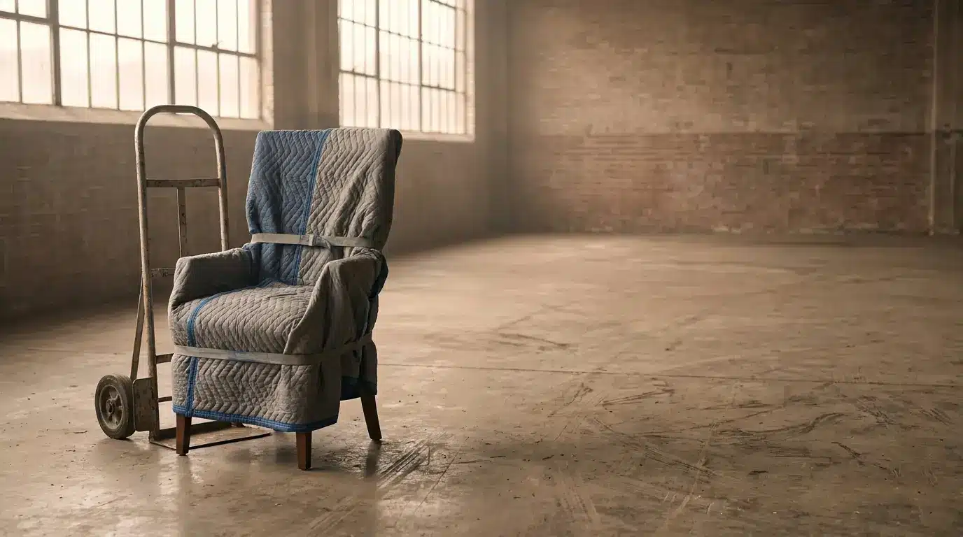 Armchair wrapped in protective padding on a dolly in an empty warehouse with brick walls