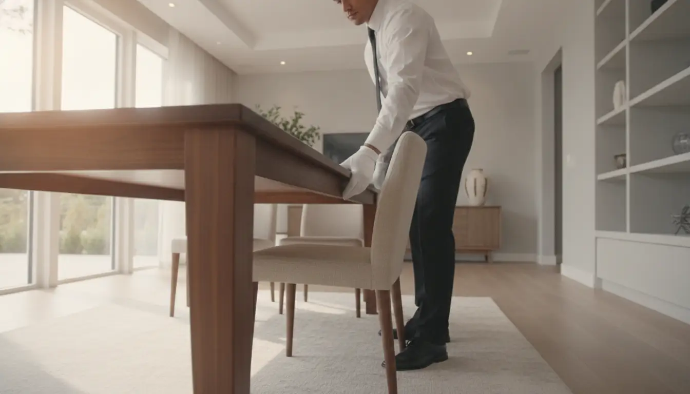 Man adjusting dining chair in modern, sunlit living room with wooden table and light upholstery