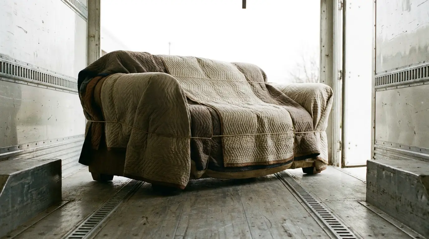 Quilt-covered sofa secured with rope inside a moving truck