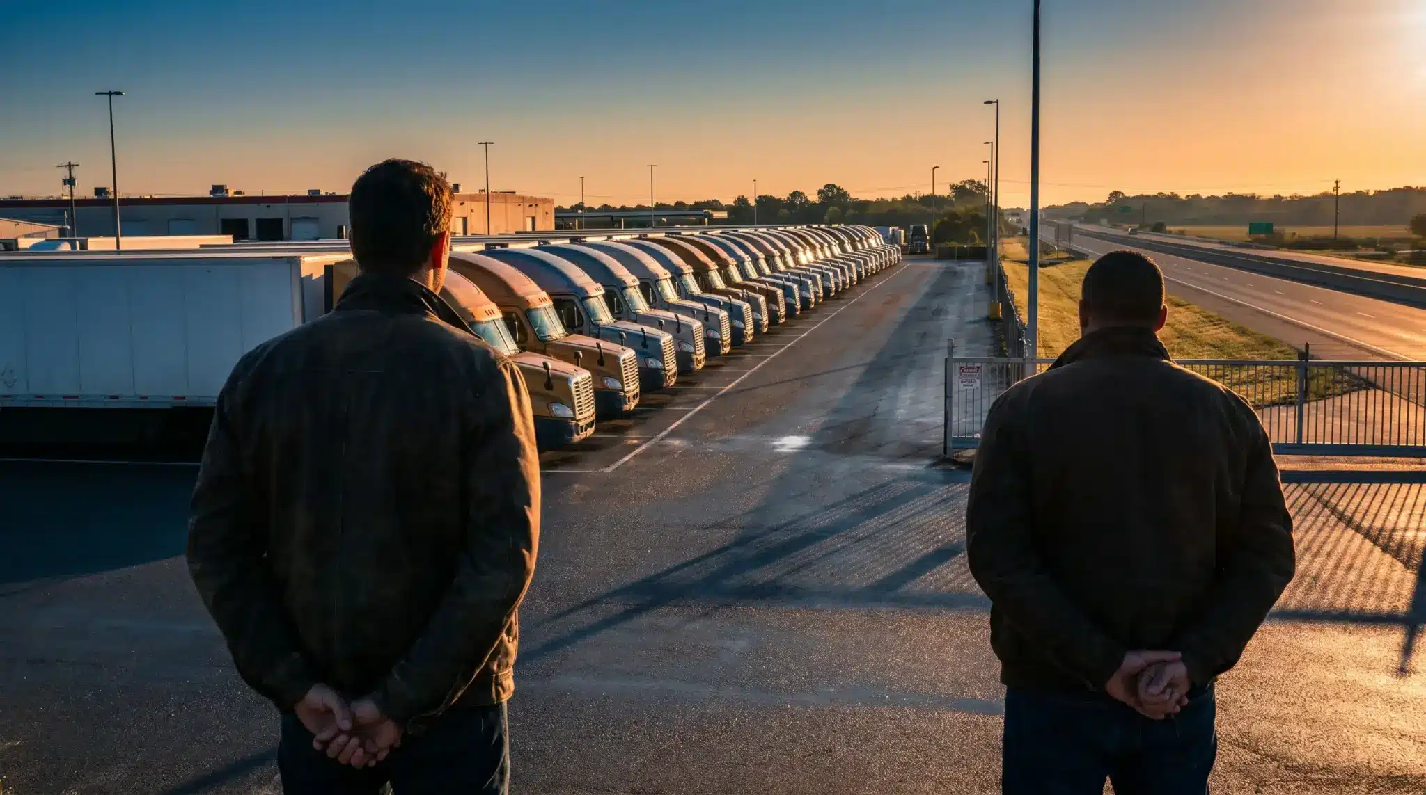Two men observing rows of parked trucks in an industrial lot at sunrise