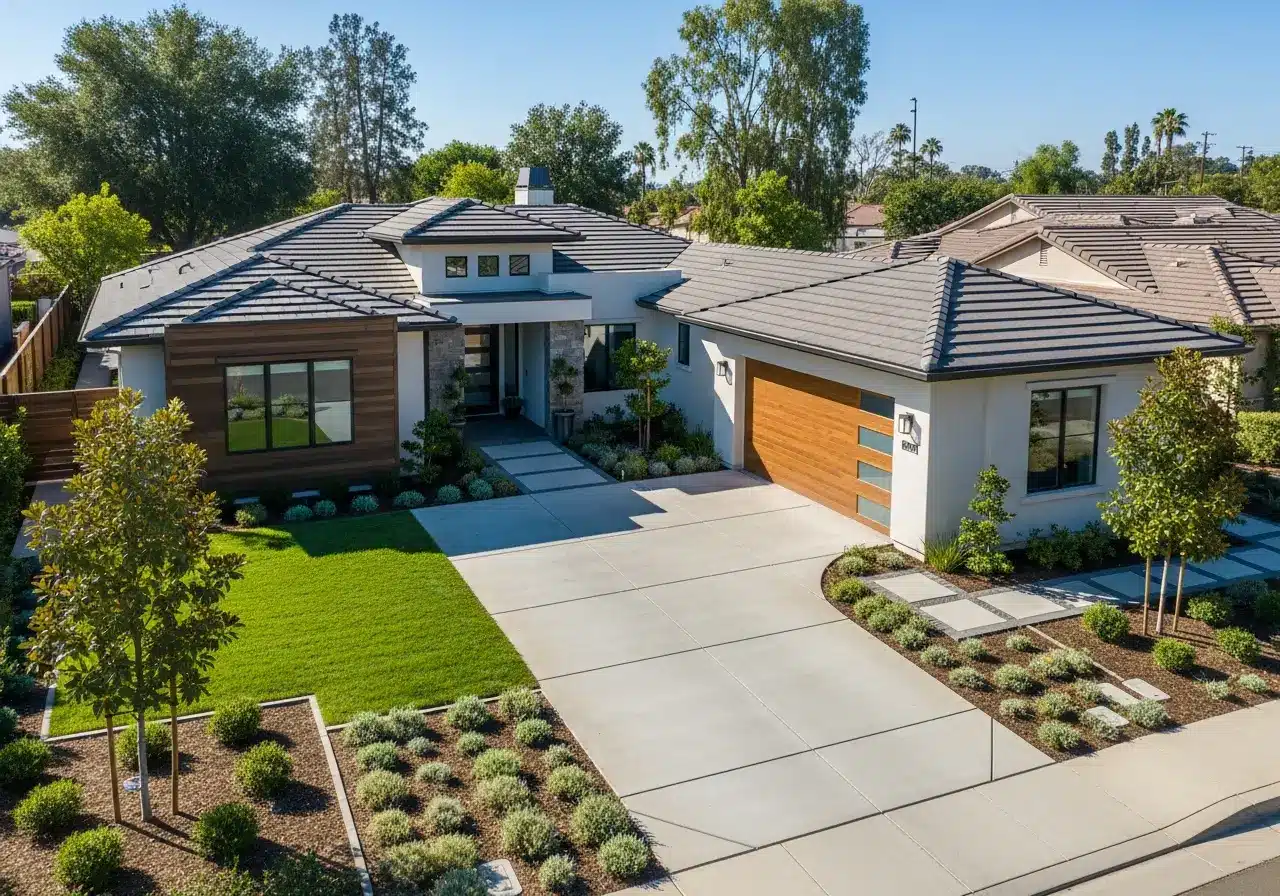 Modern single-story house with landscaped front yard and driveway under clear blue sky