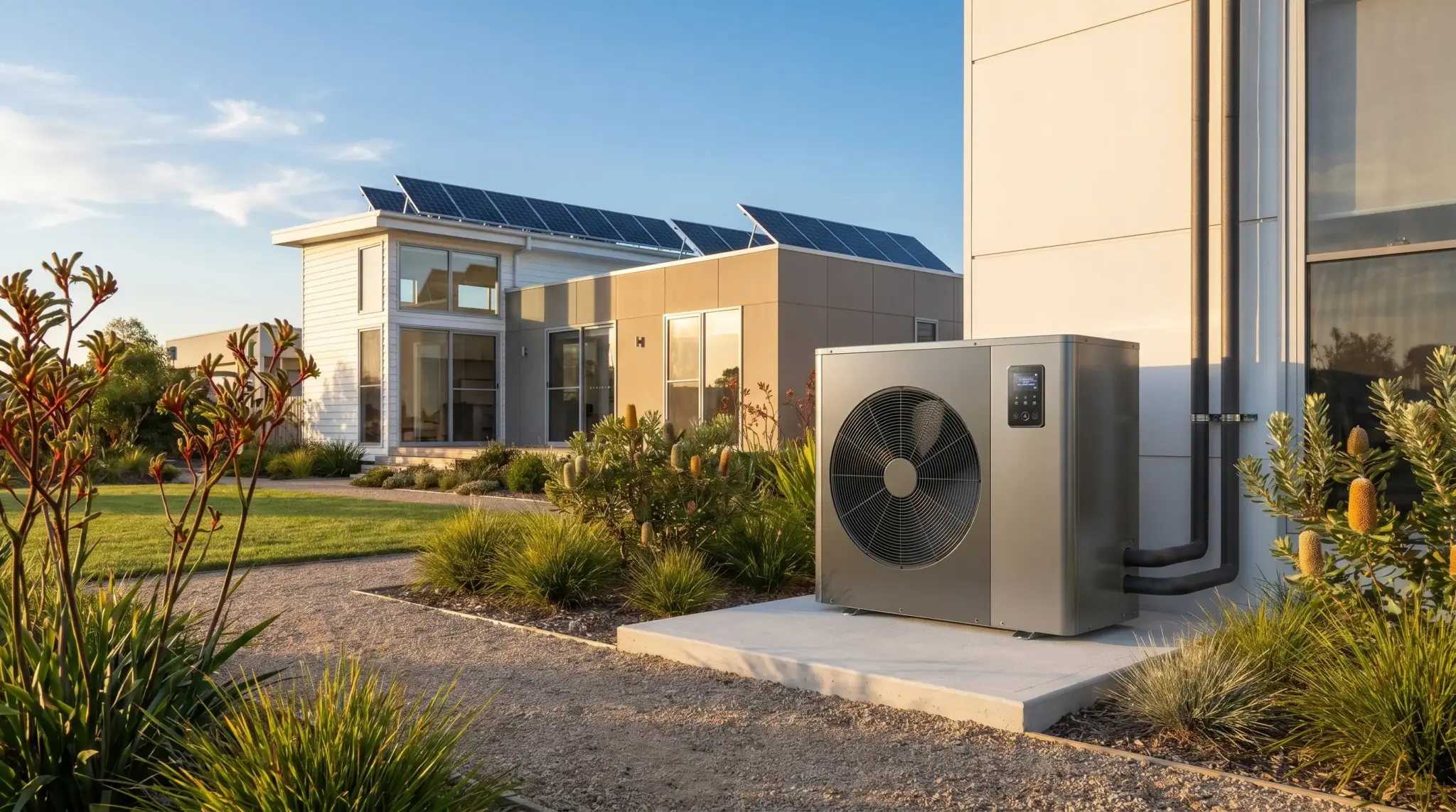 Modern eco-friendly house with solar panels and heat pump in lush garden setting