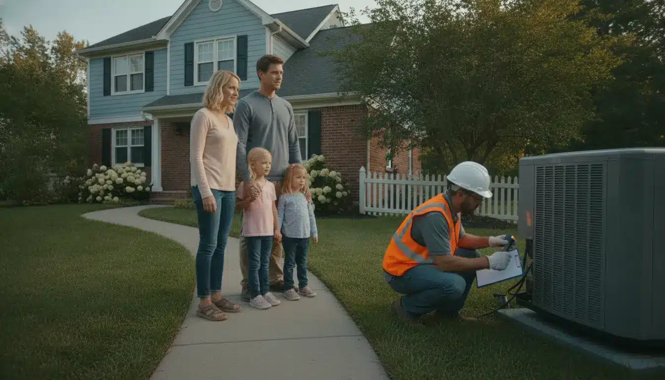 Family observing technician inspecting air conditioning unit outside suburban home