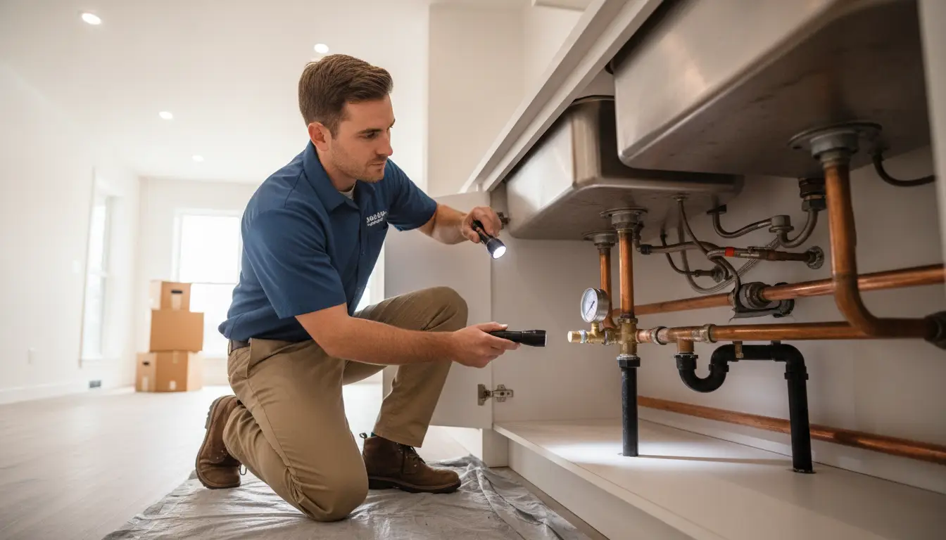 Plumber examining copper pipes under kitchen sink in bright modern home