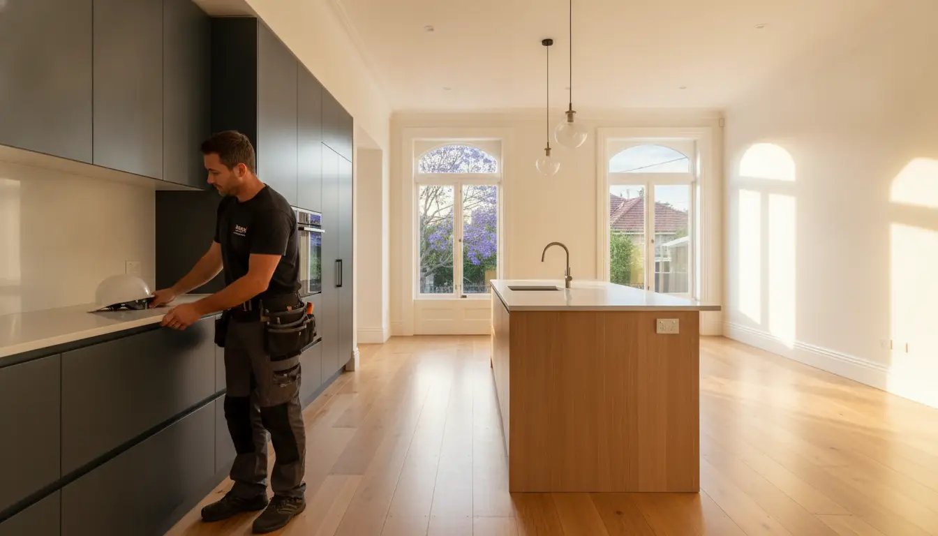 Builder in modern kitchen placing dome object on dark cabinets under natural light