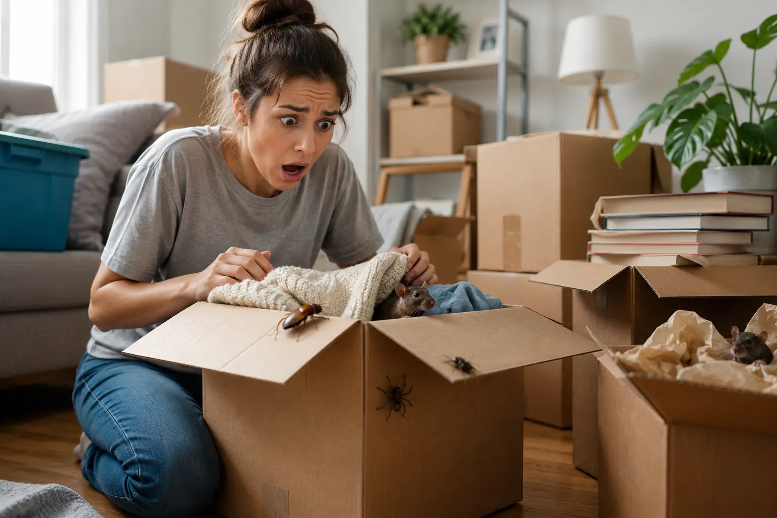 Surprised woman unpacking boxes with rats and cockroaches in living room