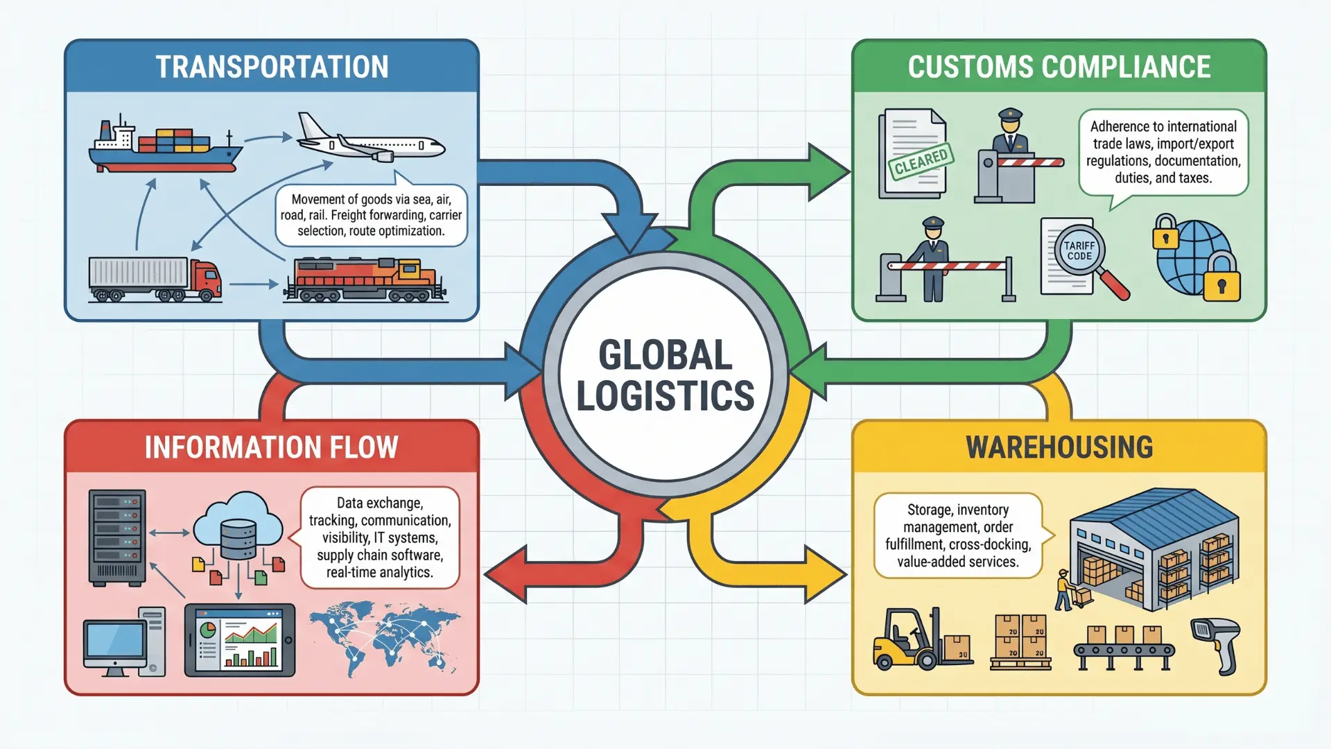 A diagram of the four components of a global logistics system.